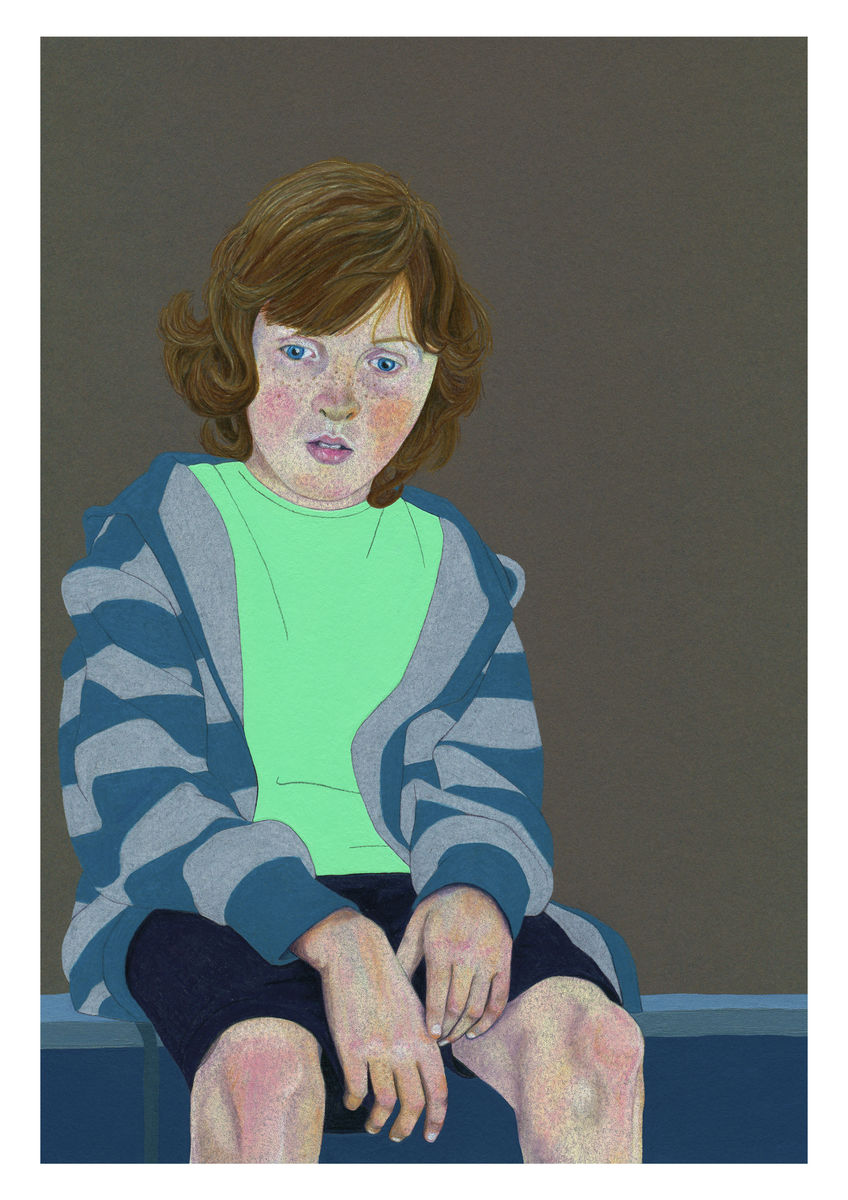 A portrait of a young boy sitting on a wall (Colour Pencil on card) - Giclee Print