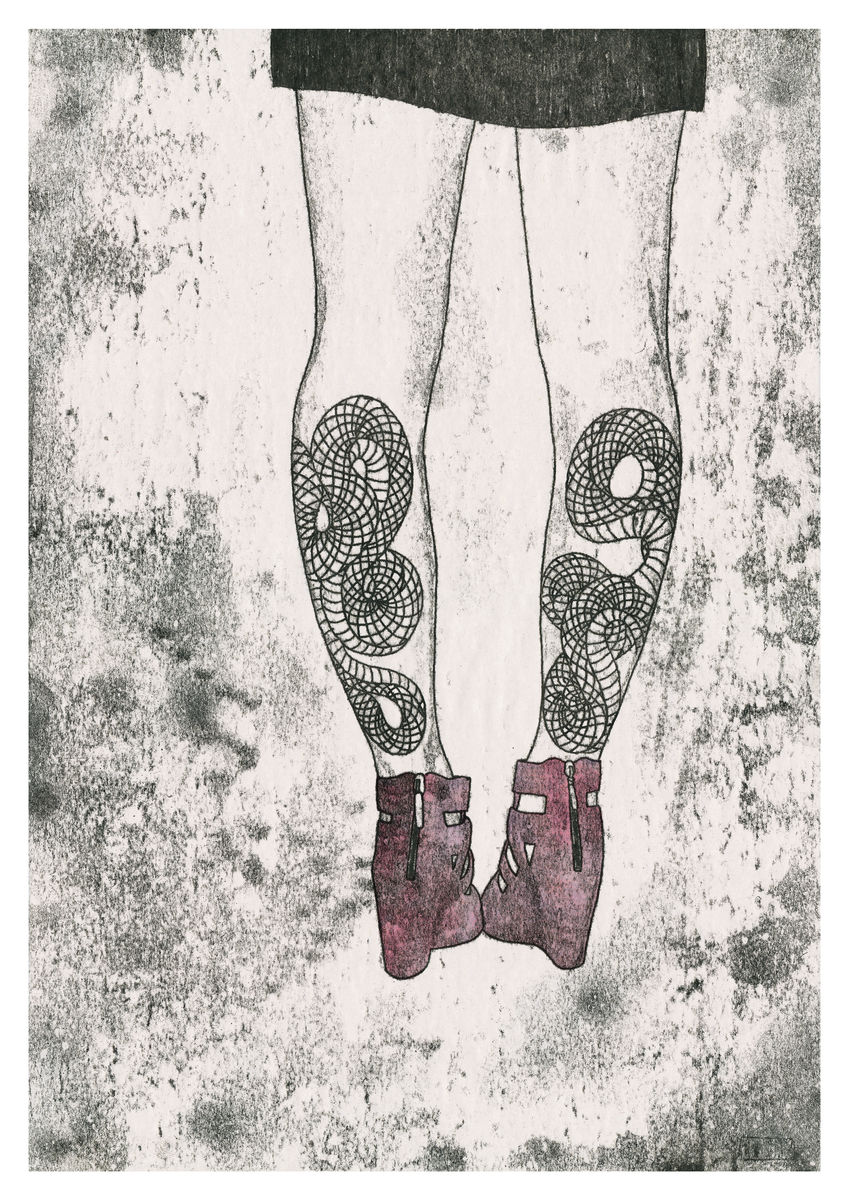 Snake Leg Tattoos, hand coloured monoprint. Available as a Giclee Print.