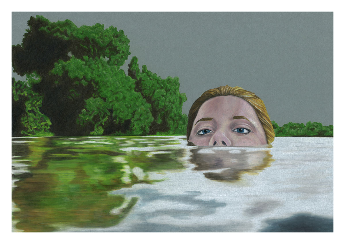 A portrait of a wild swimmer. Colour pencil on card. Available as a Giclee Print.