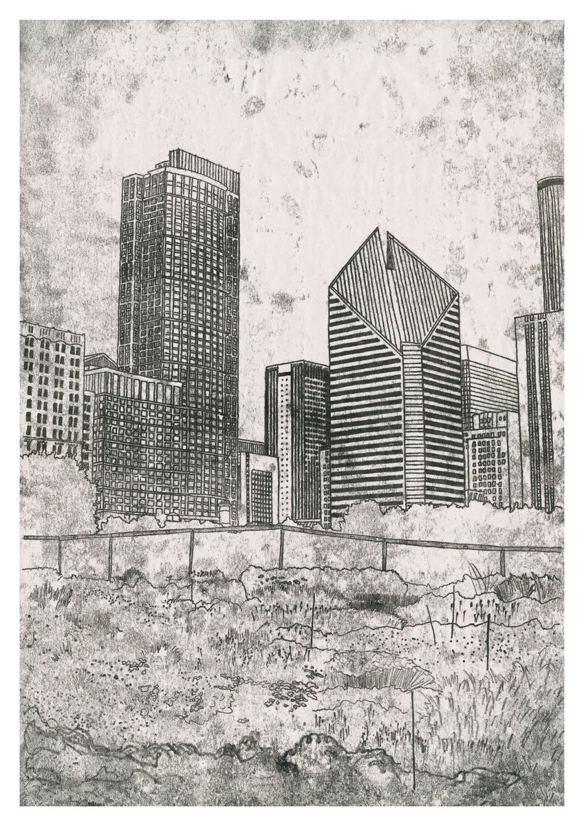 A monoprint of Lurie Garden in Chicago. Artwork available as a Giclee Print.