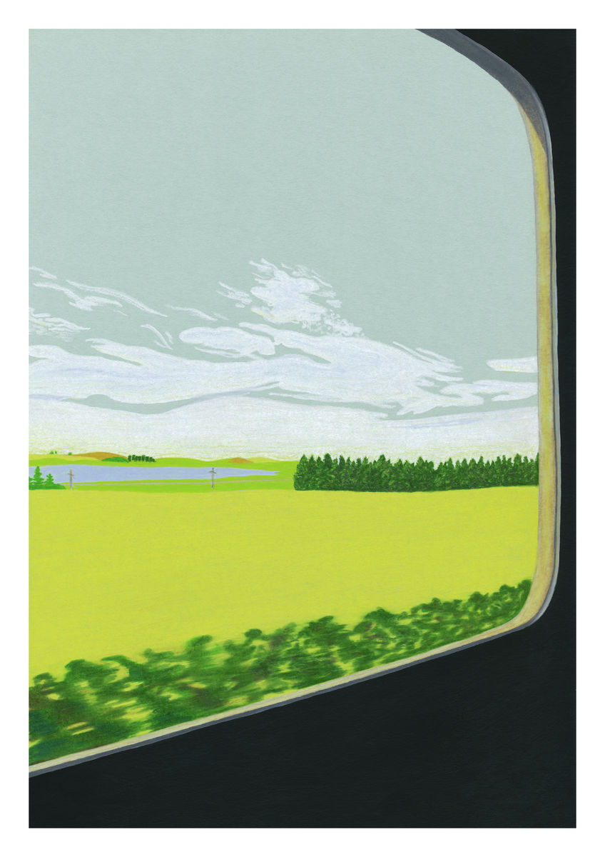 View from a train window, original art work pencil and paint on card. Available as a Giclee Print.