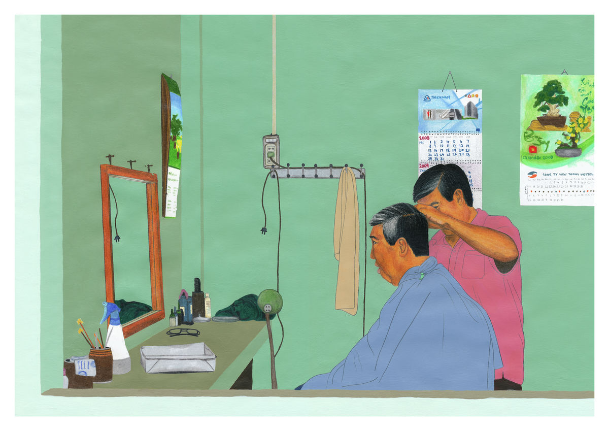 A barbershop scene in Asia (Colour Pencil & Acrylic) - Giclee Print