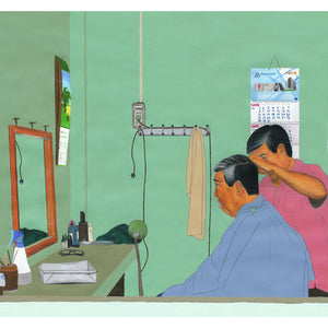 A barbershop scene in Asia (Colour Pencil & Acrylic) - Giclee Print