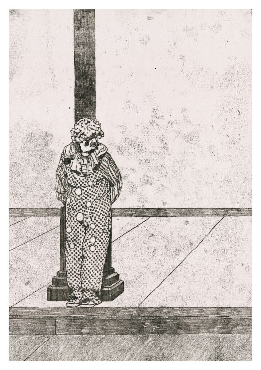 A gloomy looking clown seen in Santa Monica, California. Available as a Giclee Print.