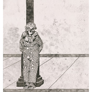 A gloomy looking clown seen in Santa Monica, California. Available as a Giclee Print.