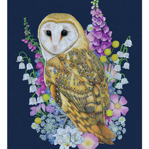 A Barn Owl surrounded by British Wild Meadow Flowers. Available as a Giclee Print.