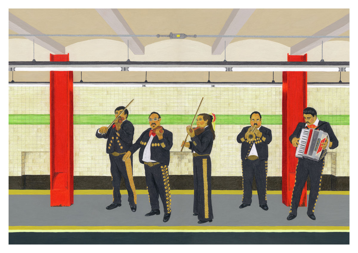 A mariachi band in a New York subway. Original artwork - pencil and acrylic on card. Available as a Giclee Print.