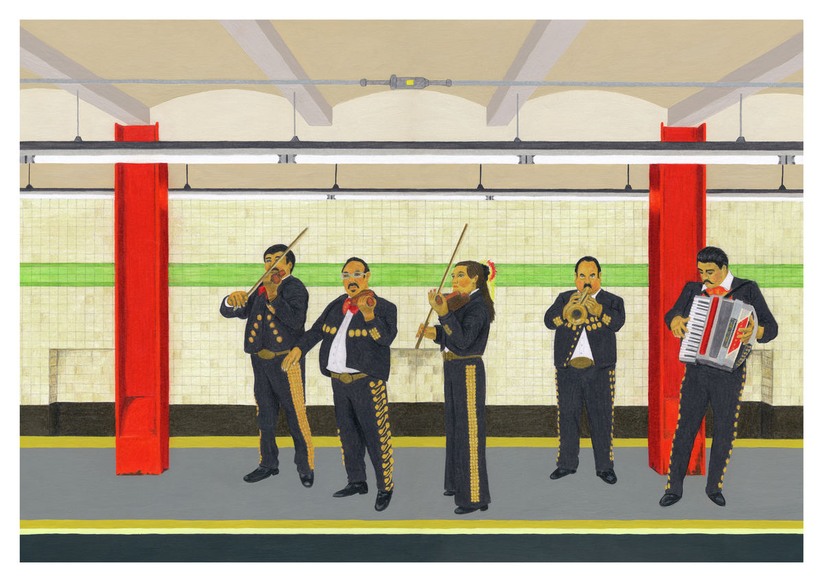 A mariachi band in a New York subway. Original artwork - pencil and acrylic on card. Available as a Giclee Print. 