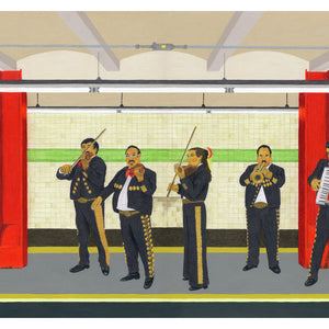 A mariachi band in a New York subway. Original artwork - pencil and acrylic on card. Available as a Giclee Print.