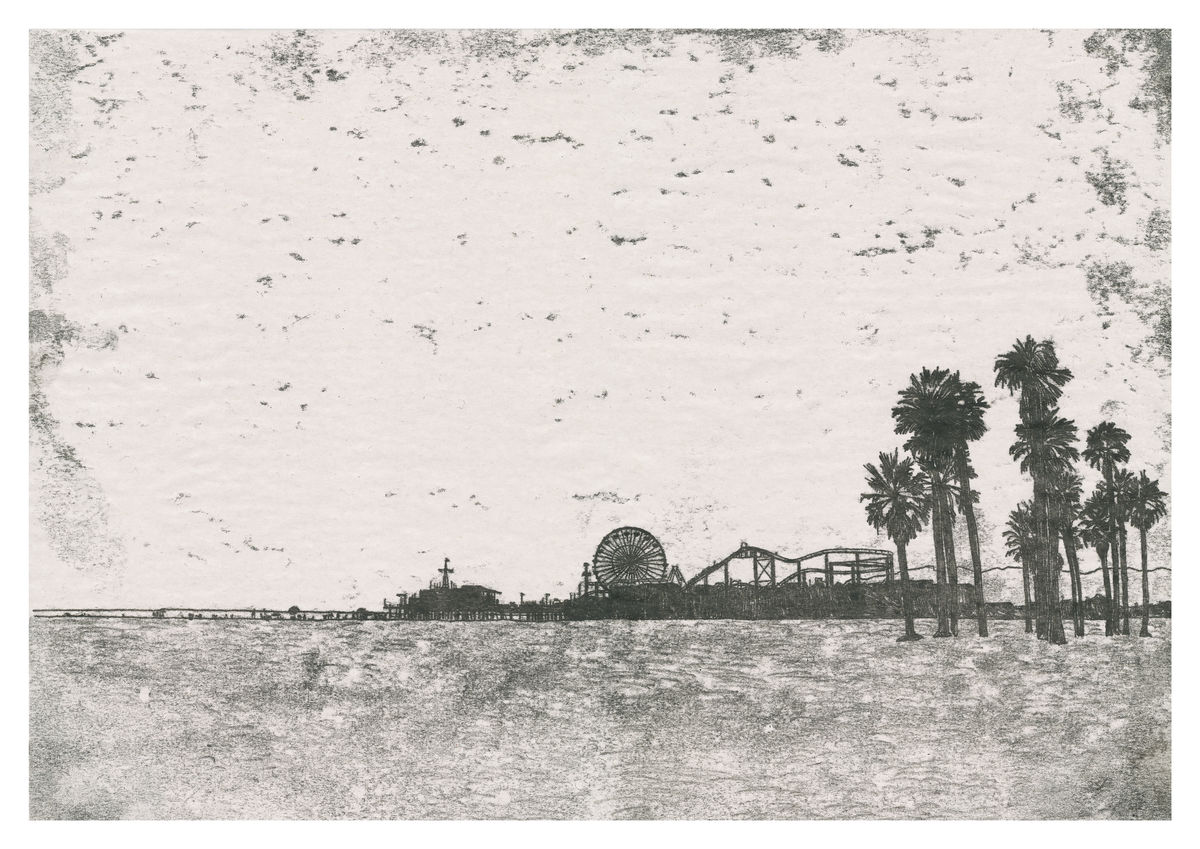 Monoprint of Santa Monica Pier, California. Available as a Giclee Print.