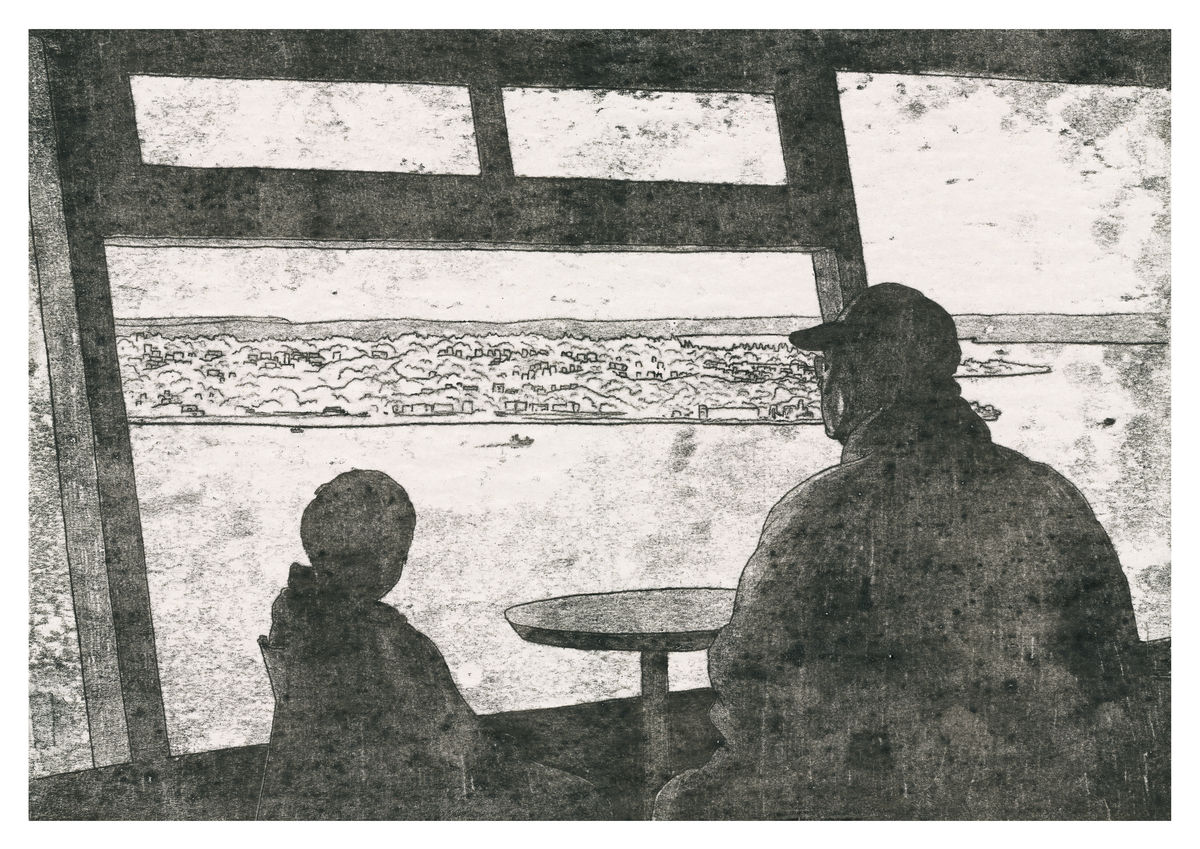 A monoprint of a father and son looking out from a tower. Available as a Giclee Print.  
