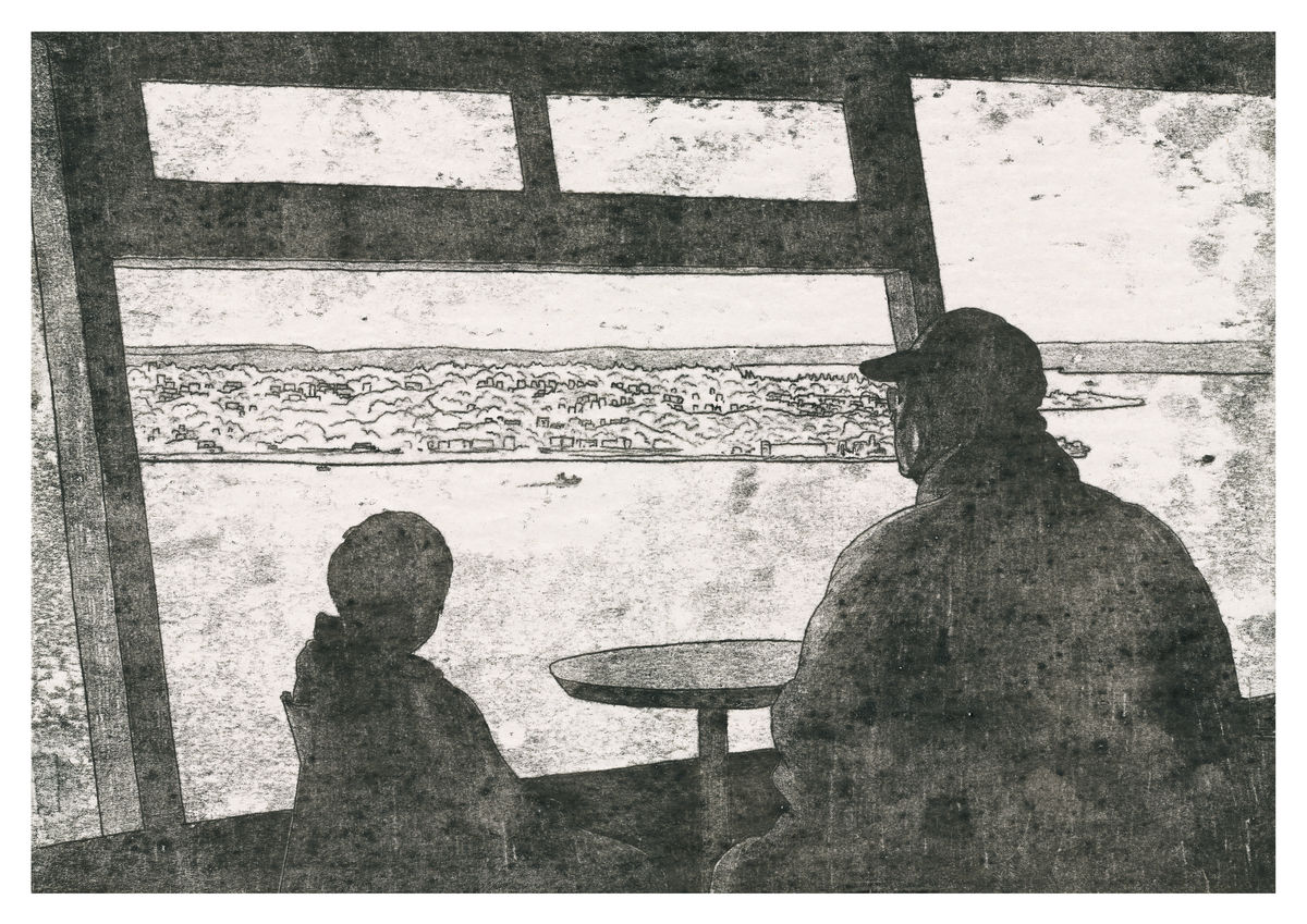 A monoprint of a father and son looking out from a tower. Available as a Giclee Print.