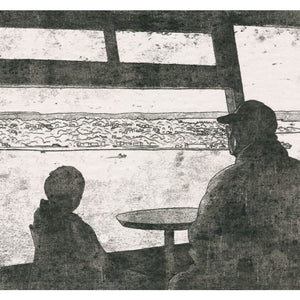 A monoprint of a father and son looking out from a tower. Available as a Giclee Print.