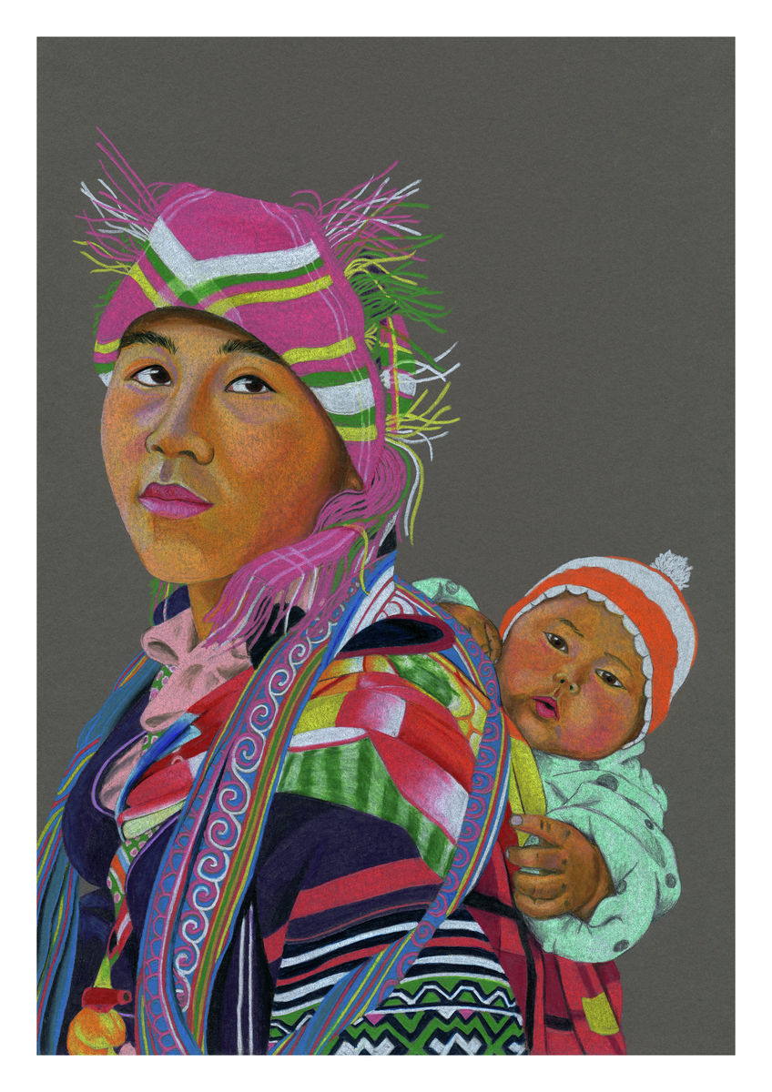 A colour pencil portrait of a Nepalese Mother & Child - Available as a Giclee Print.
