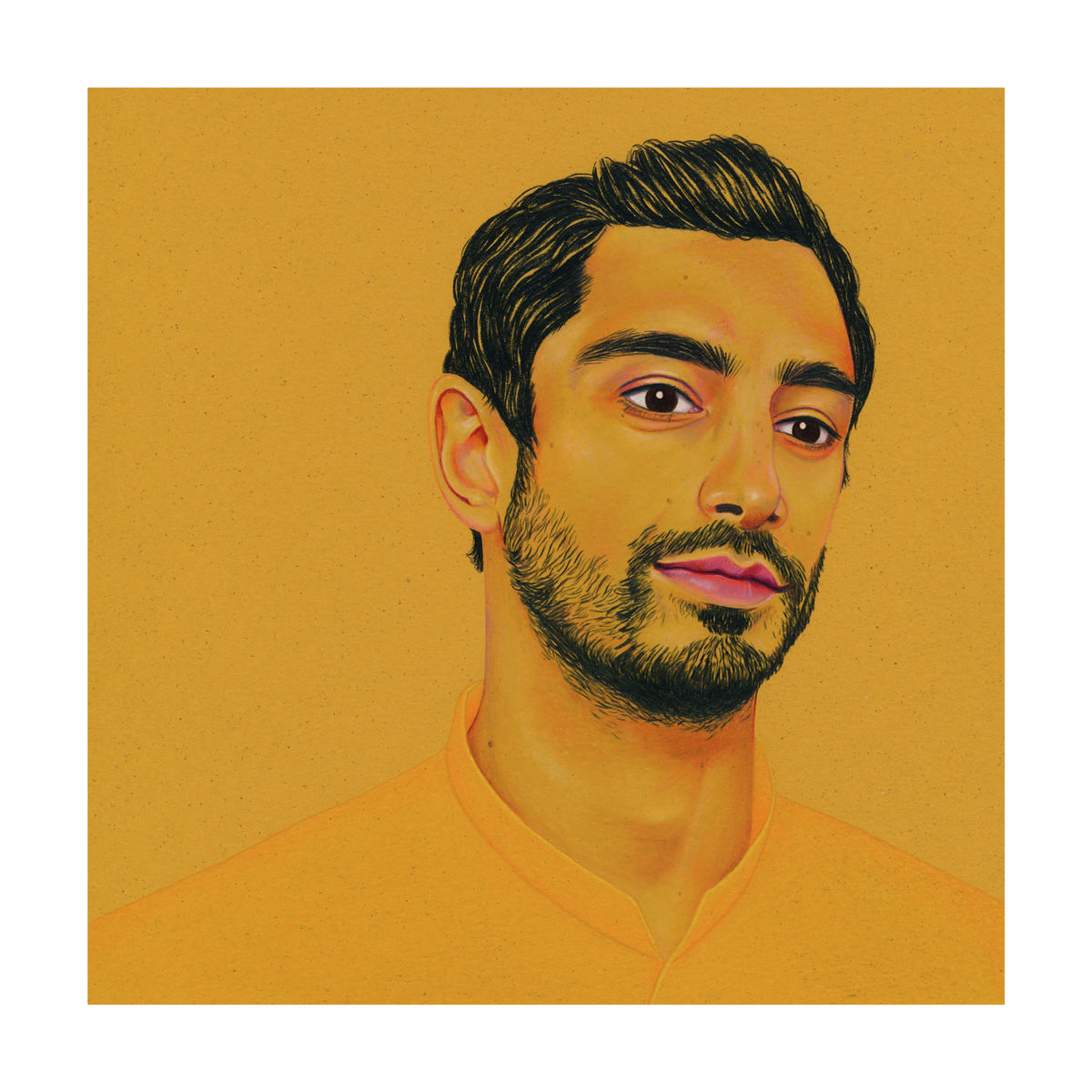 A colour pencil portrait of the actor Riz Ahmed, available as a Giclee print. 