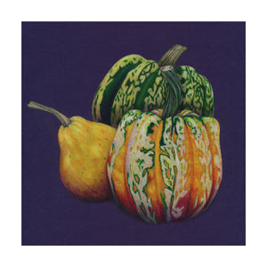 An autumnal still life of a collection of Gourds. Original artwork - colour pencil on purple card. Giclee Print