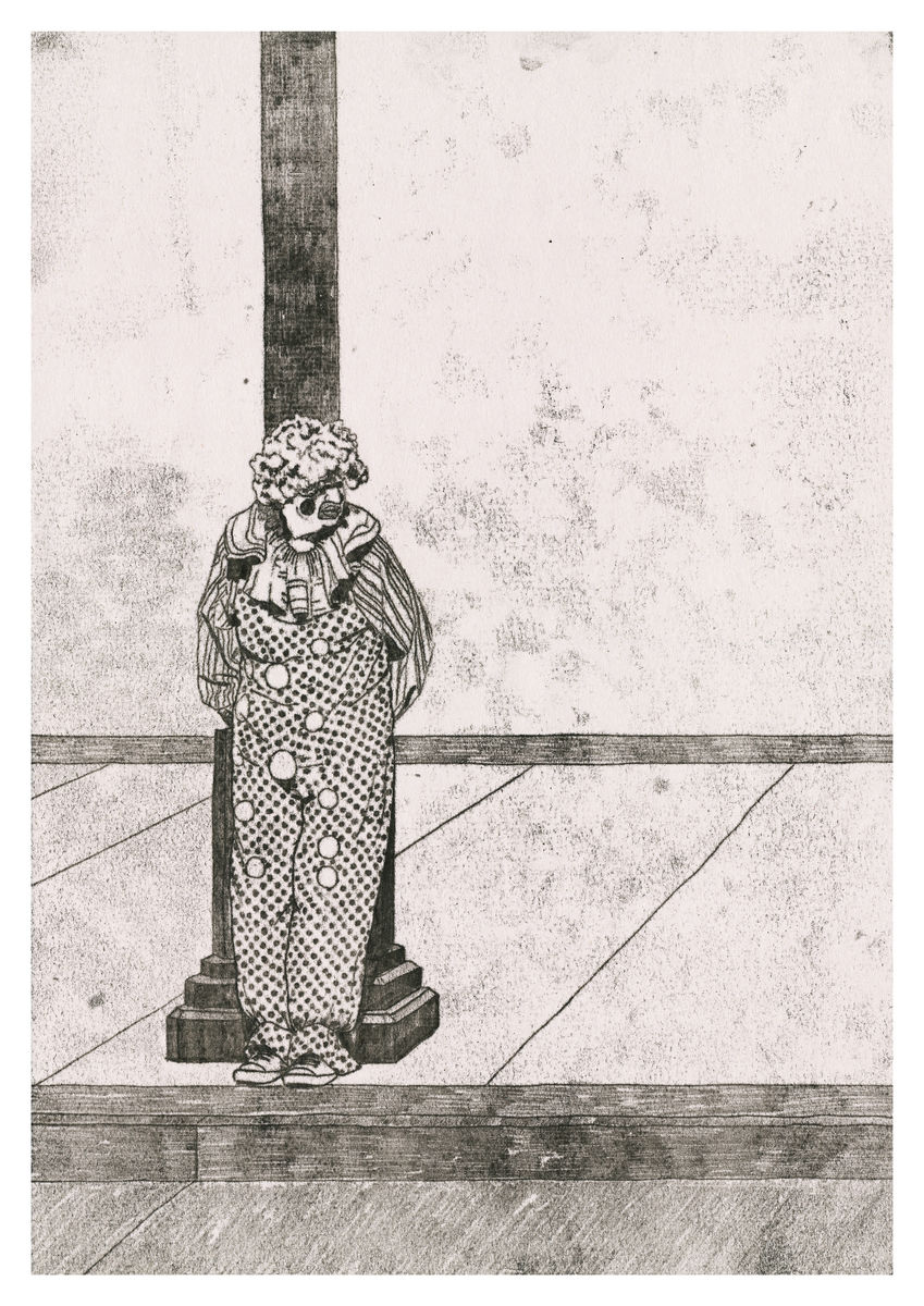 A gloomy looking clown seen in Santa Monica, California. Available as a Giclee Print. 