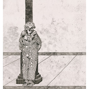 A gloomy looking clown seen in Santa Monica, California. Available as a Giclee Print. 