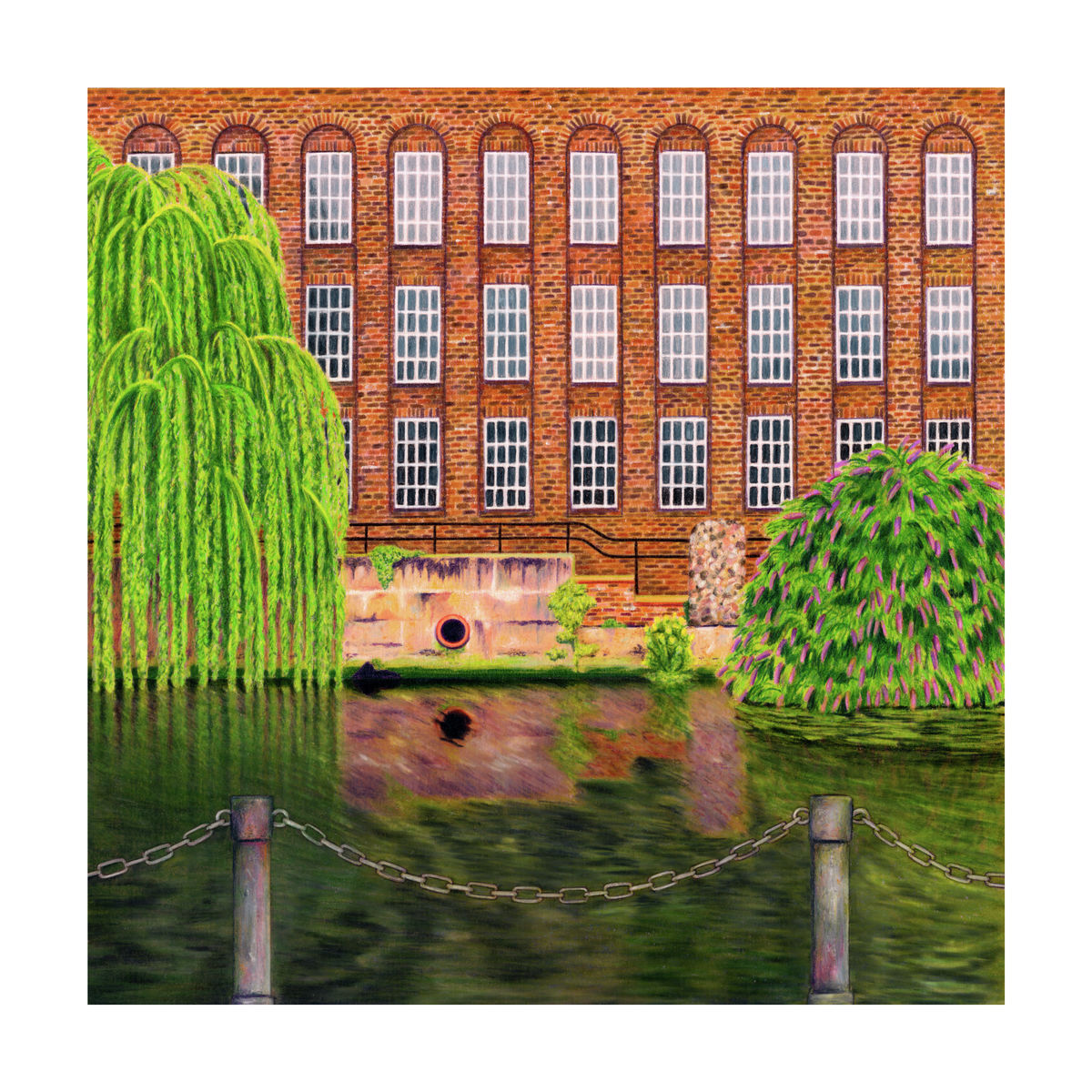 Illustration of an old Mill on the waterfront of the River Wensum in Norwich, Norfolk. 