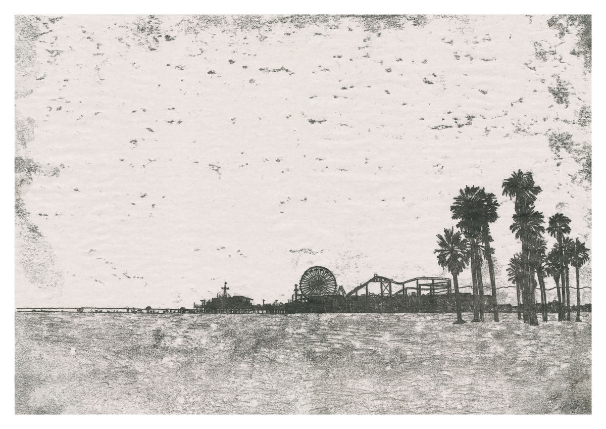 Monoprint of Santa Monica Pier, California. Available as a Giclee Print. 