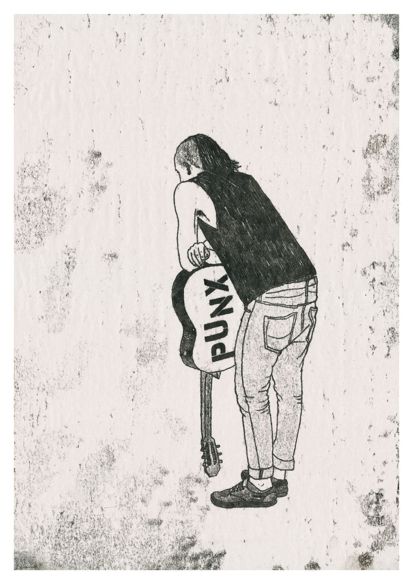 A punk leaning on his guitar, original artwork created as a monoprint. Available as a Giclee Print.