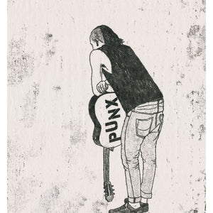 A punk leaning on his guitar, original artwork created as a monoprint. Available as a Giclee Print.