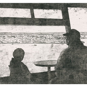 A monoprint of a father and son looking out from a tower. Available as a Giclee Print.  